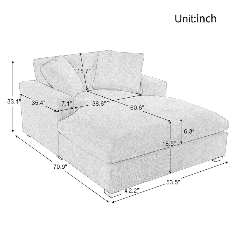 Chaise longue de 53,5 po avec pieds en bois massif et coussins confortables