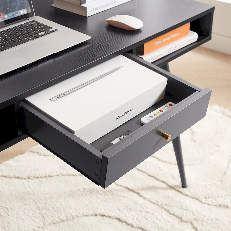 Bureau du milieu du siècle avec ports USB et prise de courant, bureau d'étude moderne avec tiroirs, bureau d'ordinateur pour la maison