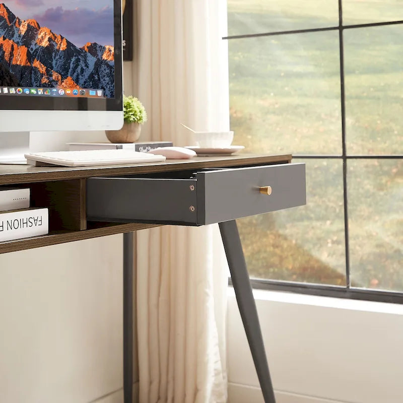 Bureau du milieu du siècle avec ports USB et prise de courant, bureau d'étude moderne avec tiroirs, bureau d'ordinateur pour la maison