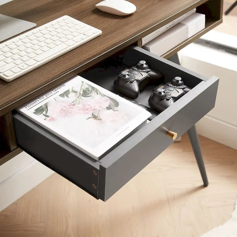 Bureau du milieu du siècle avec ports USB et prise de courant, bureau d'étude moderne avec tiroirs, bureau d'ordinateur pour la maison