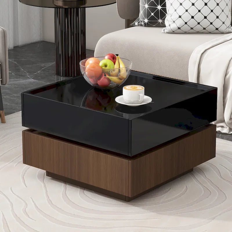 Table basse carrée multifonctionnelle rotative à 360°, table centrale à 2 niveaux avec 2 tiroirs et plateau rotatif, pour salon