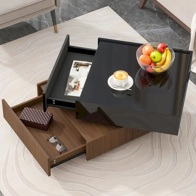 Table basse carrée multifonctionnelle rotative à 360°, table centrale à 2 niveaux avec 2 tiroirs et plateau rotatif, pour salon