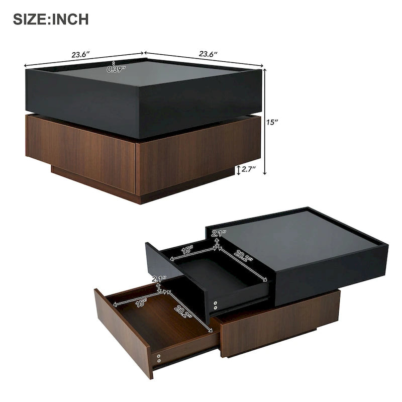 Table basse carrée multifonctionnelle rotative à 360°, table centrale à 2 niveaux avec 2 tiroirs et plateau rotatif, pour salon