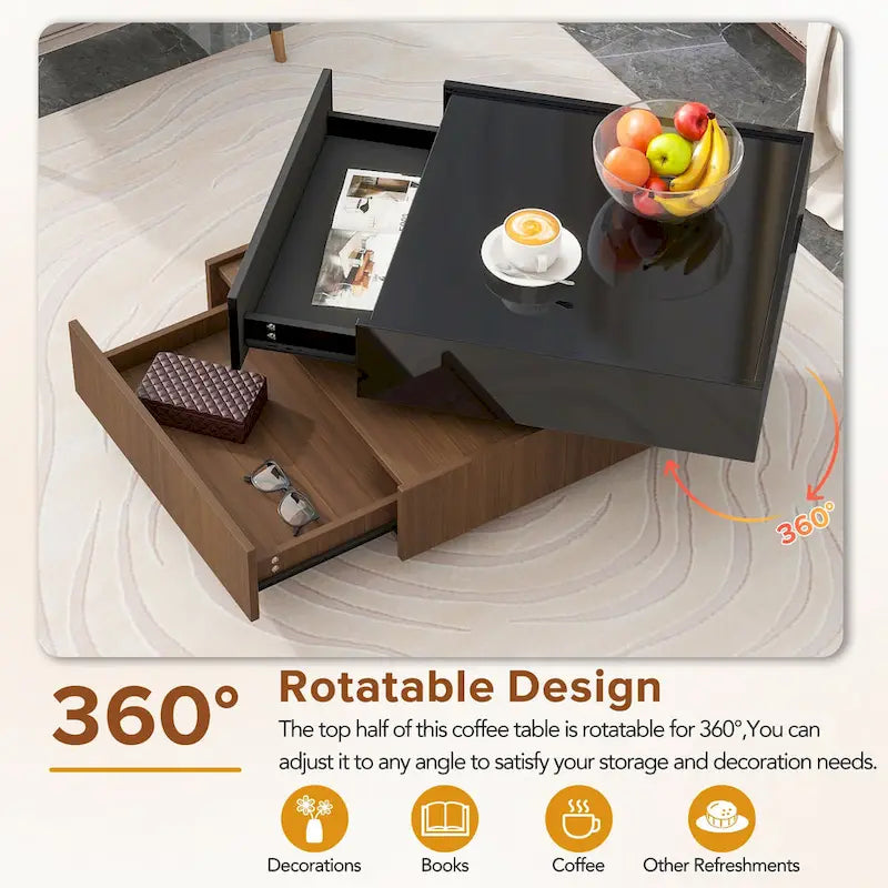 Table basse carrée multifonctionnelle rotative à 360°, table centrale à 2 niveaux avec 2 tiroirs et plateau rotatif, pour salon