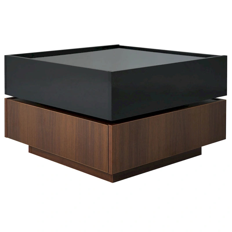 Table basse carrée multifonctionnelle rotative à 360°, table centrale à 2 niveaux avec 2 tiroirs et plateau rotatif, pour salon