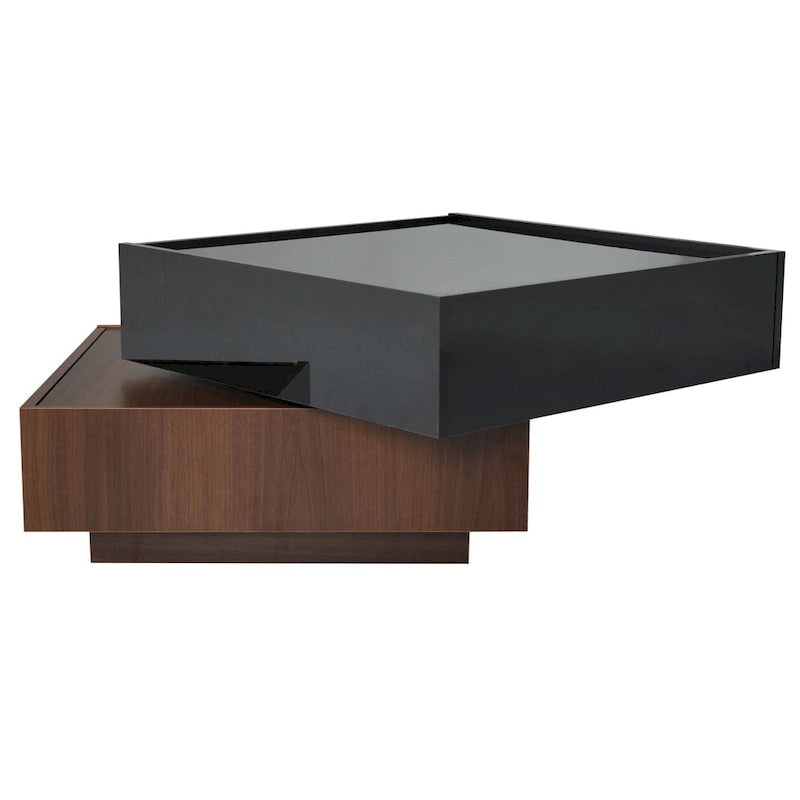 Table basse carrée multifonctionnelle rotative à 360°, table centrale à 2 niveaux avec 2 tiroirs et plateau rotatif, pour salon