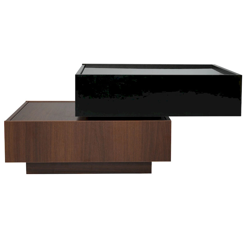 Table basse carrée multifonctionnelle rotative à 360°, table centrale à 2 niveaux avec 2 tiroirs et plateau rotatif, pour salon