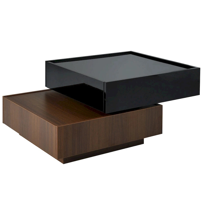 Table basse carrée multifonctionnelle rotative à 360°, table centrale à 2 niveaux avec 2 tiroirs et plateau rotatif, pour salon