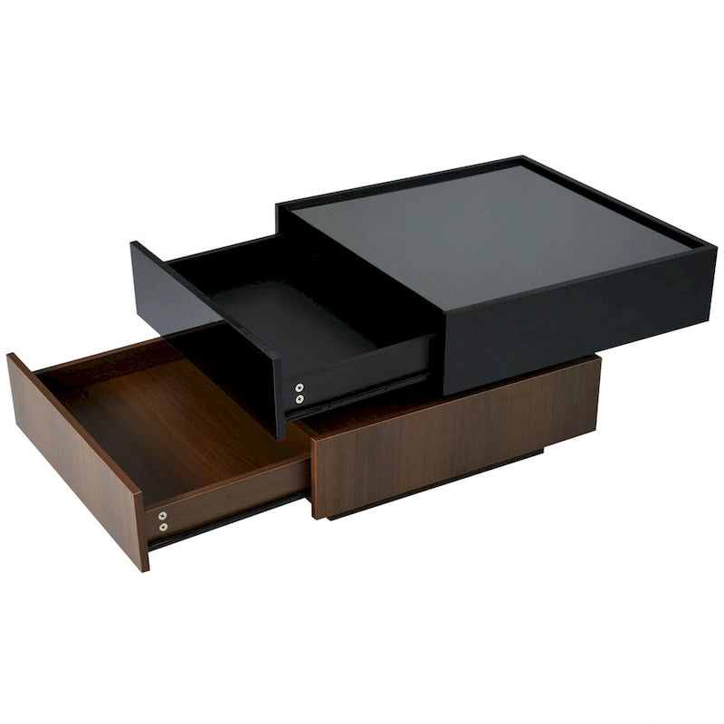 Table basse carrée multifonctionnelle rotative à 360°, table centrale à 2 niveaux avec 2 tiroirs et plateau rotatif, pour salon
