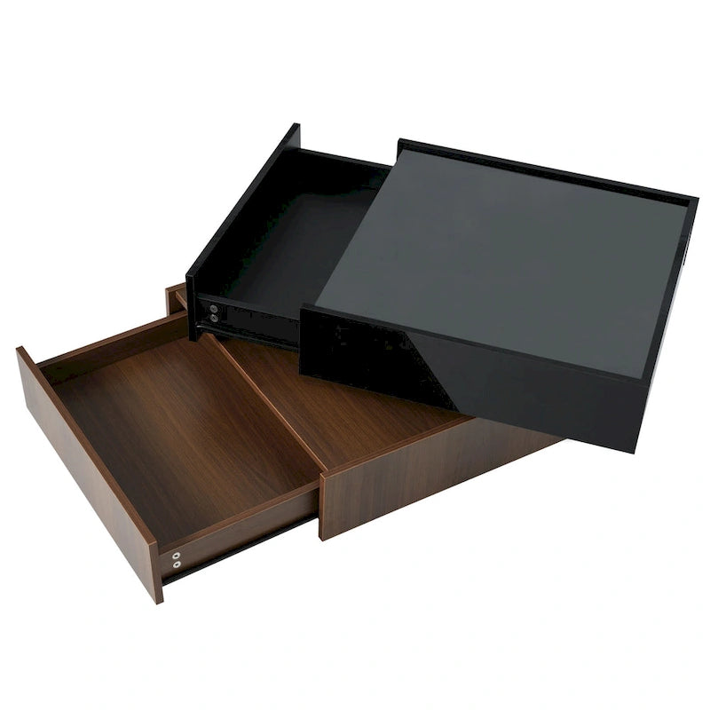 Table basse carrée multifonctionnelle rotative à 360°, table centrale à 2 niveaux avec 2 tiroirs et plateau rotatif, pour salon