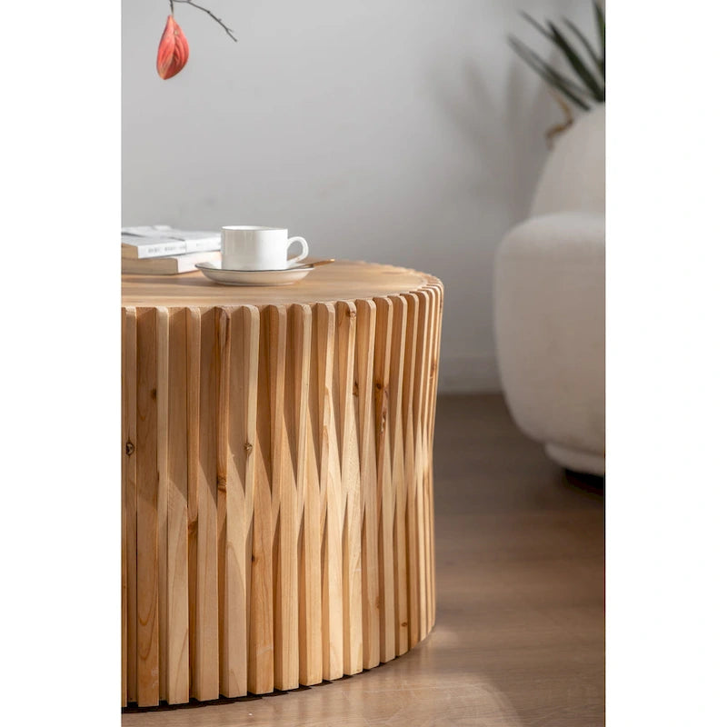 Table basse cylindrique de style rétro avec motif en relief texturé vertical