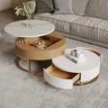 Table basse ronde blanche avec rangement, plateau relevable en bois, avec tiroirs rotatifs blanc naturel
