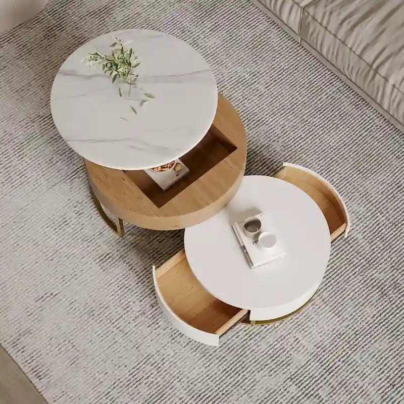 Table basse ronde blanche avec rangement, plateau relevable en bois, avec tiroirs rotatifs blanc naturel