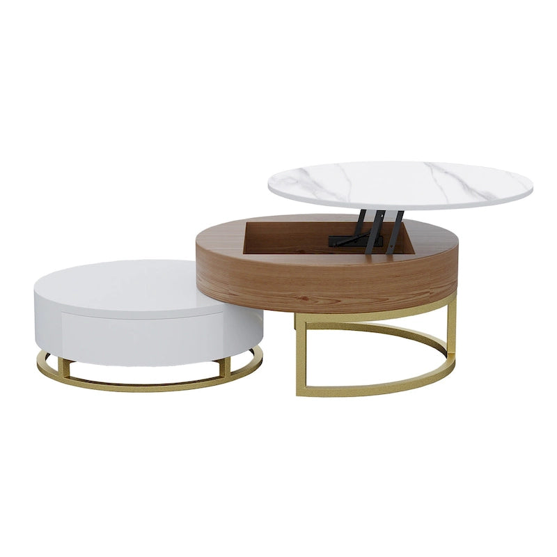 Table basse ronde blanche avec rangement, plateau relevable en bois, avec tiroirs rotatifs blanc naturel