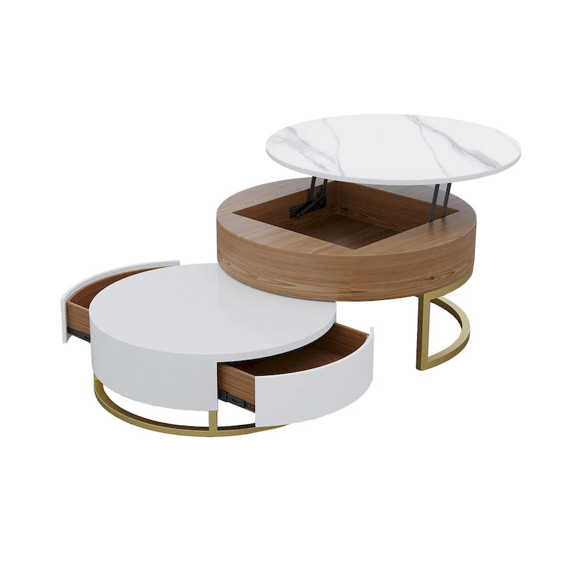 Table basse ronde blanche avec rangement, plateau relevable en bois, avec tiroirs rotatifs blanc naturel