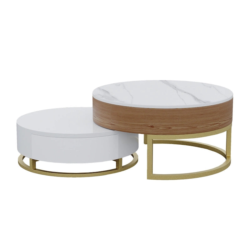 Table basse ronde blanche avec rangement, plateau relevable en bois, avec tiroirs rotatifs blanc naturel