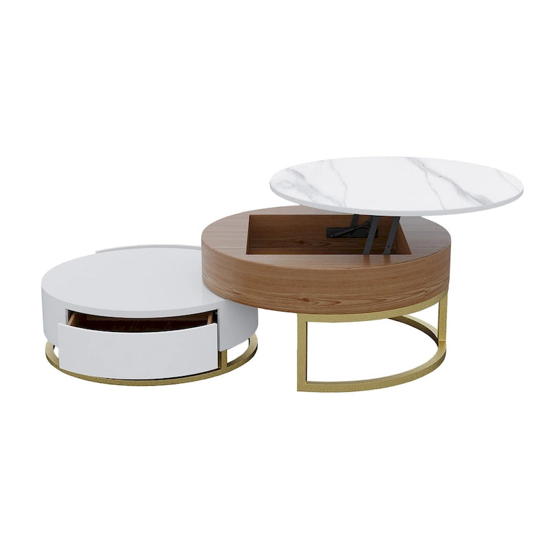 Table basse ronde blanche avec rangement, plateau relevable en bois, avec tiroirs rotatifs blanc naturel