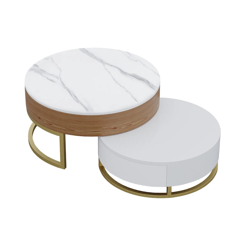 Table basse ronde blanche avec rangement, plateau relevable en bois, avec tiroirs rotatifs blanc naturel