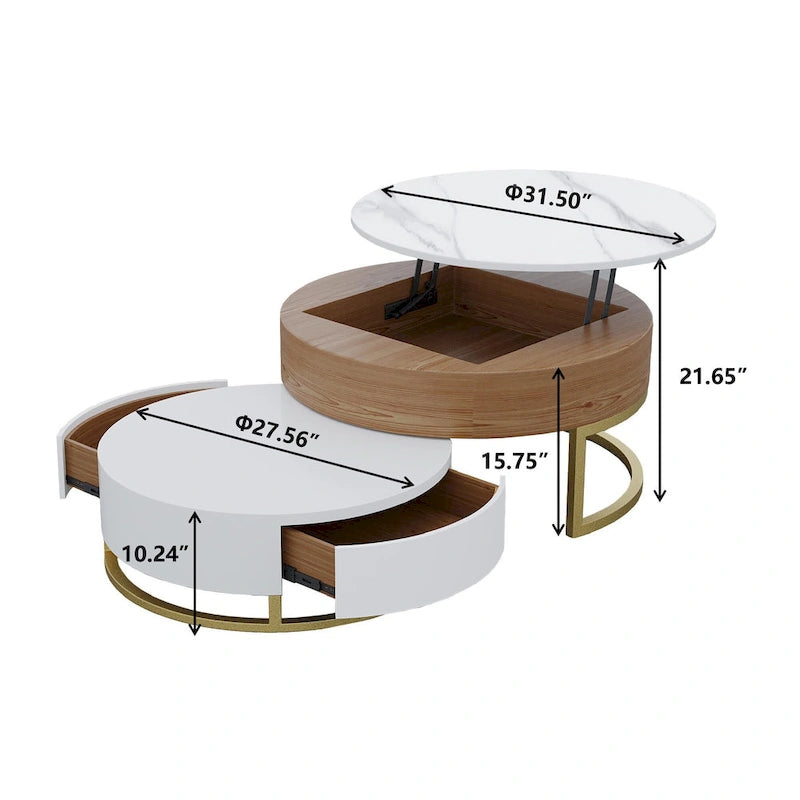 Table basse ronde blanche avec rangement, plateau relevable en bois, avec tiroirs rotatifs blanc naturel