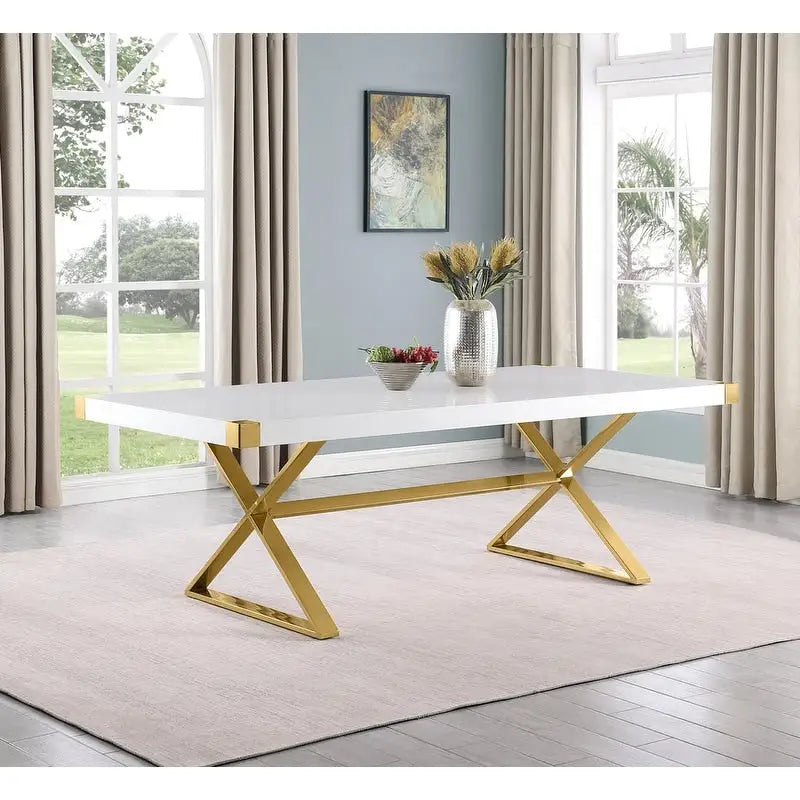 Table de salle à manger avec plateau en bois laqué blanc lisse
