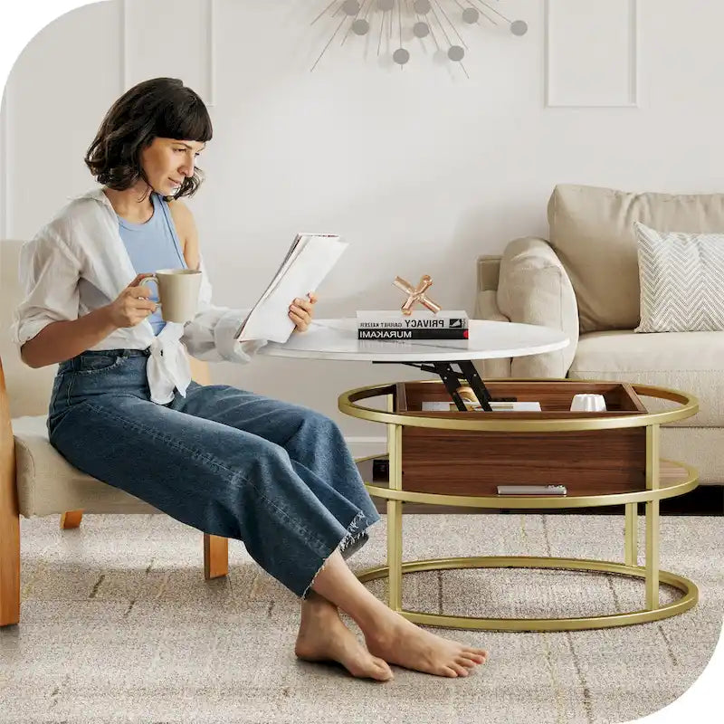Table basse ronde relevable et extensible avec rangement dissimulé