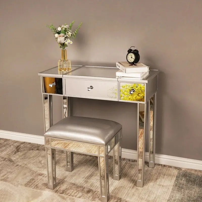 Bureau console coiffeuse à plateau relevable et 1 tiroir, finition miroir argentée