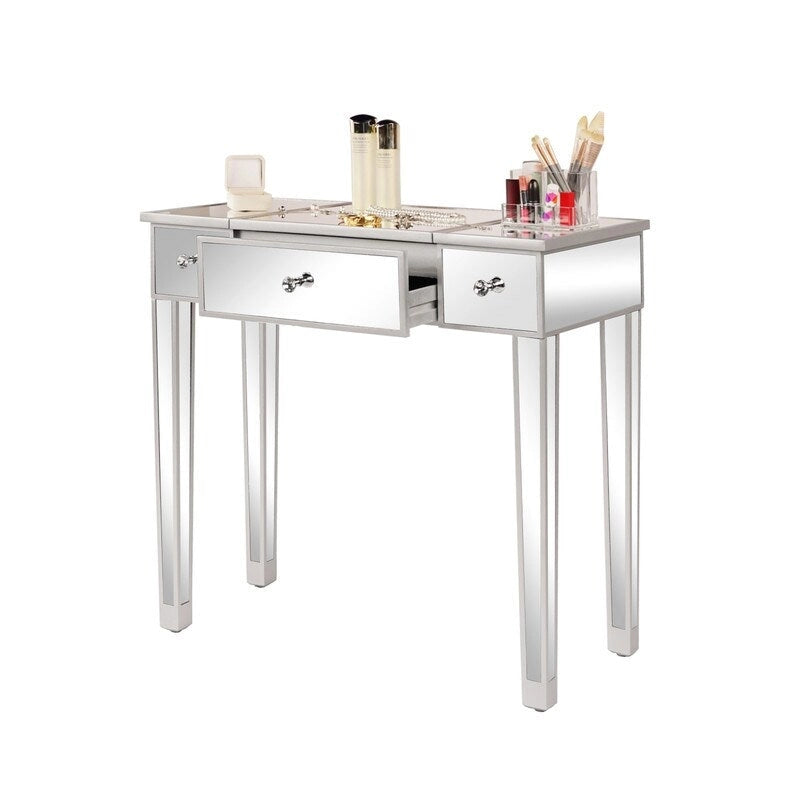Bureau console coiffeuse à plateau relevable et 1 tiroir, finition miroir argentée
