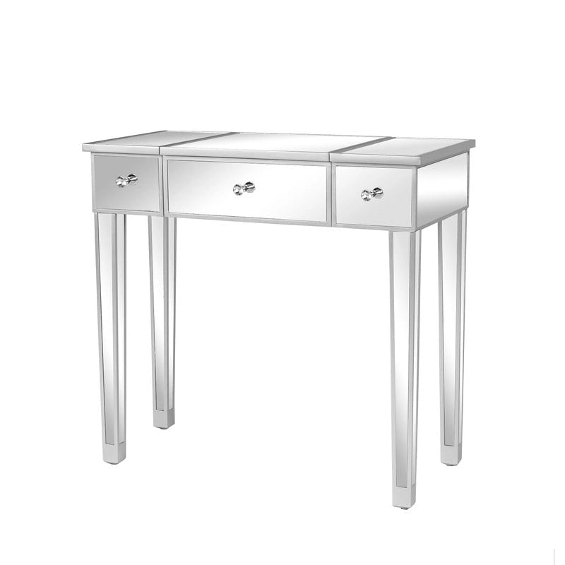 Bureau console coiffeuse à plateau relevable et 1 tiroir, finition miroir argentée