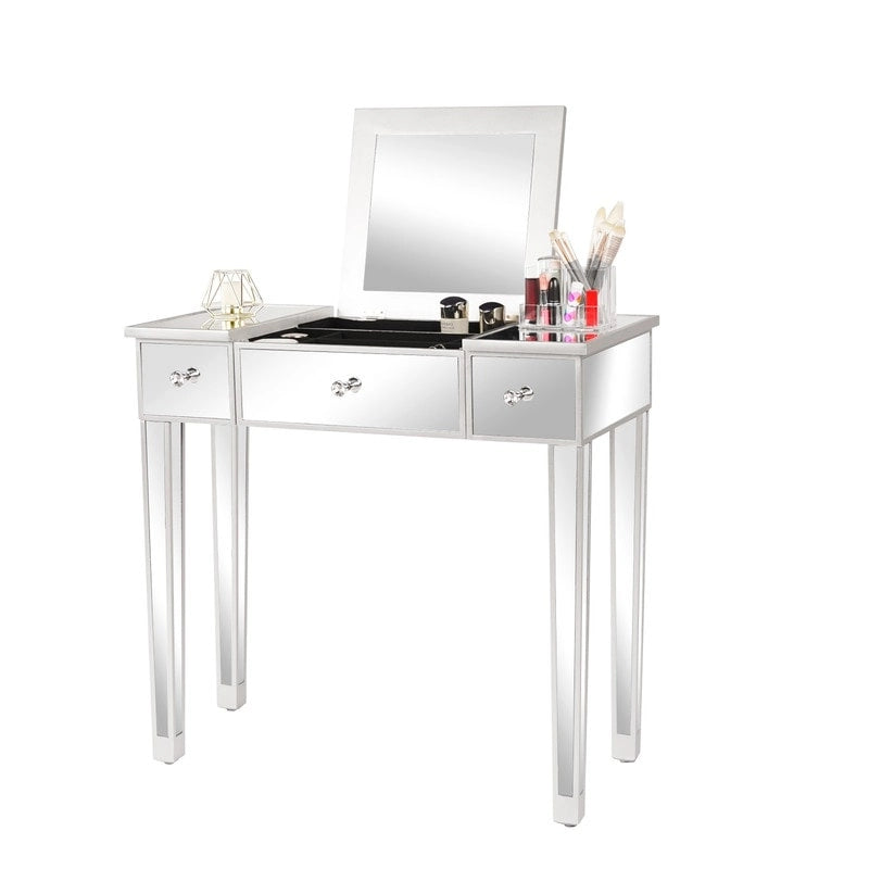 Bureau console coiffeuse à plateau relevable et 1 tiroir, finition miroir argentée