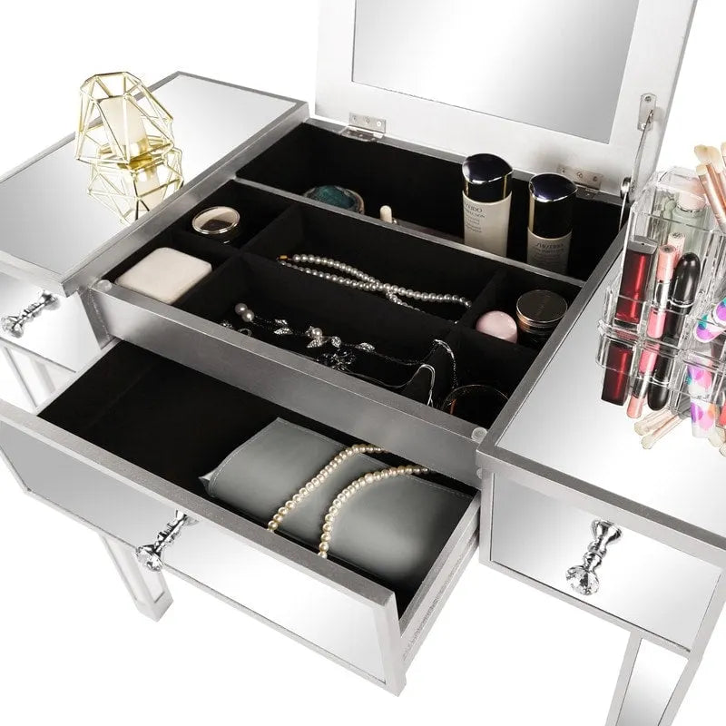 Bureau console coiffeuse à plateau relevable et 1 tiroir, finition miroir argentée
