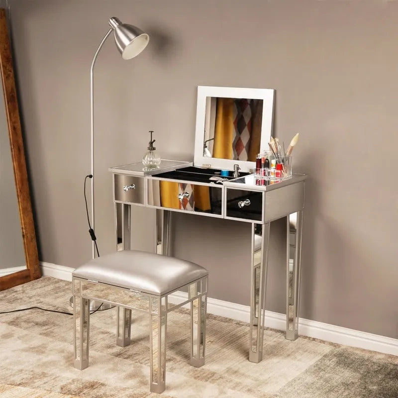 Bureau console coiffeuse à plateau relevable et 1 tiroir, finition miroir argentée