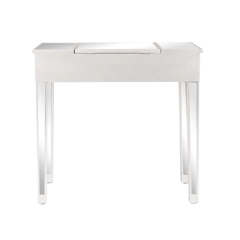 Bureau console coiffeuse à plateau relevable et 1 tiroir, finition miroir argentée