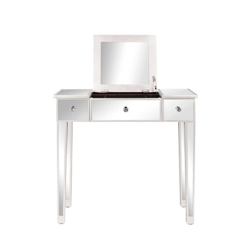 Bureau console coiffeuse à plateau relevable et 1 tiroir, finition miroir argentée