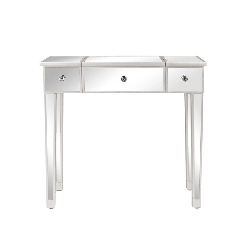 Bureau console coiffeuse à plateau relevable et 1 tiroir, finition miroir argentée