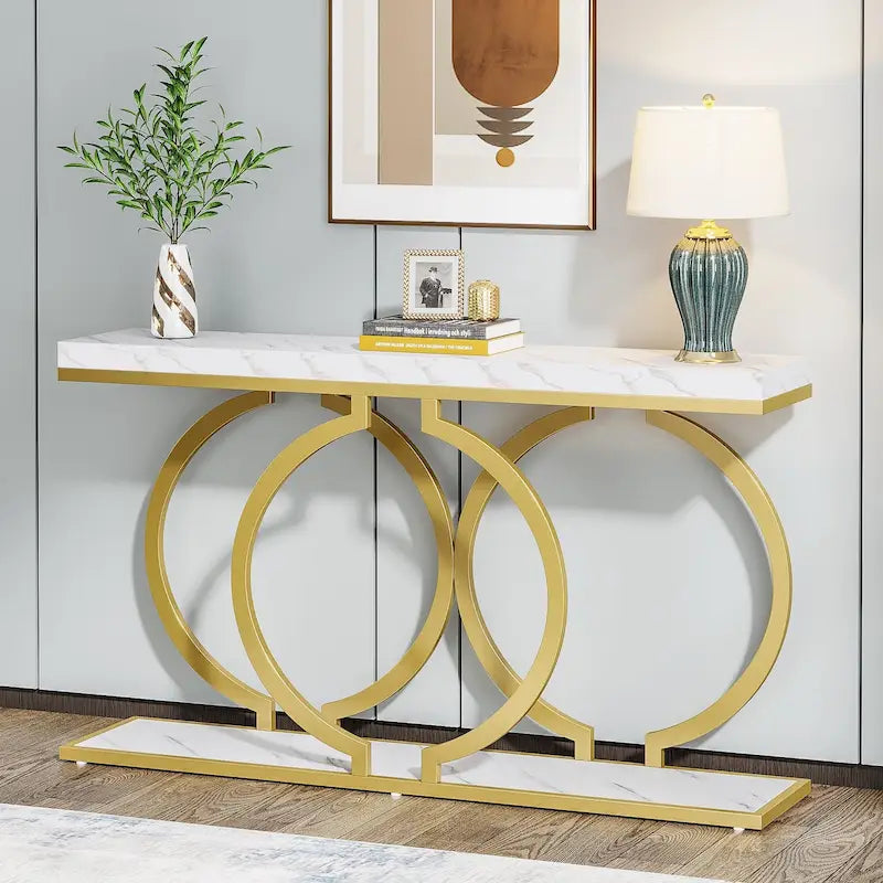 Console dorée, table d'entrée en faux marbre de 55 pouces, table de canapé étroite et longue