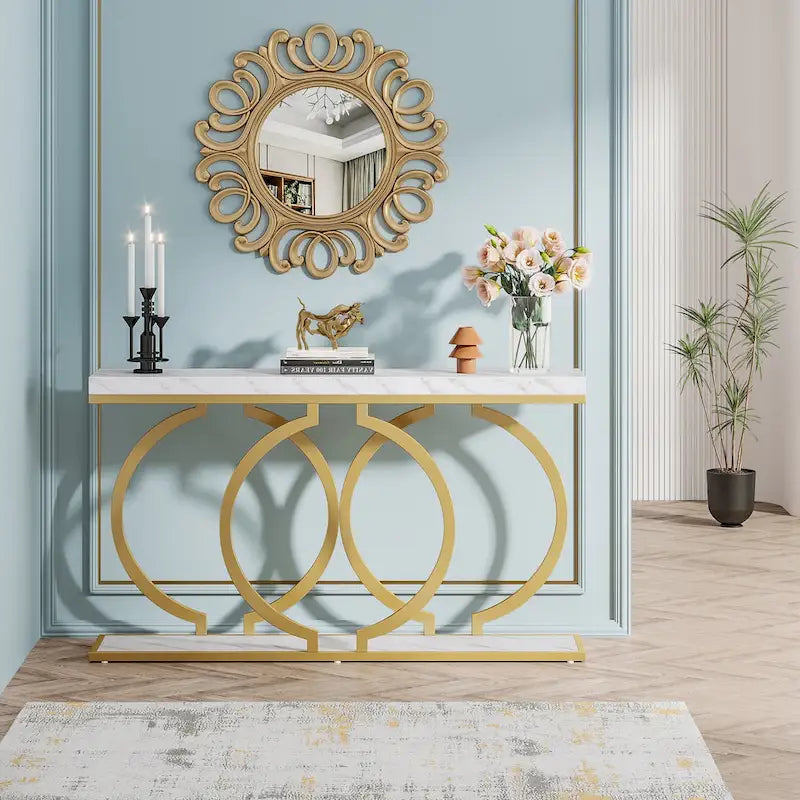 Console dorée, table d'entrée en faux marbre de 55 pouces, table de canapé étroite et longue