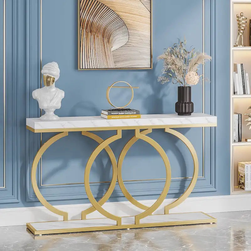 Console dorée, table d'entrée en faux marbre de 55 pouces, table de canapé étroite et longue