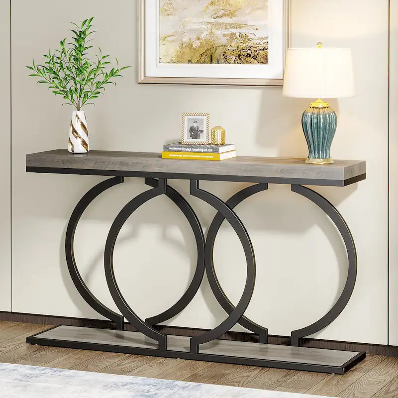 Console dorée, table d'entrée en faux marbre de 55 pouces, table de canapé étroite et longue