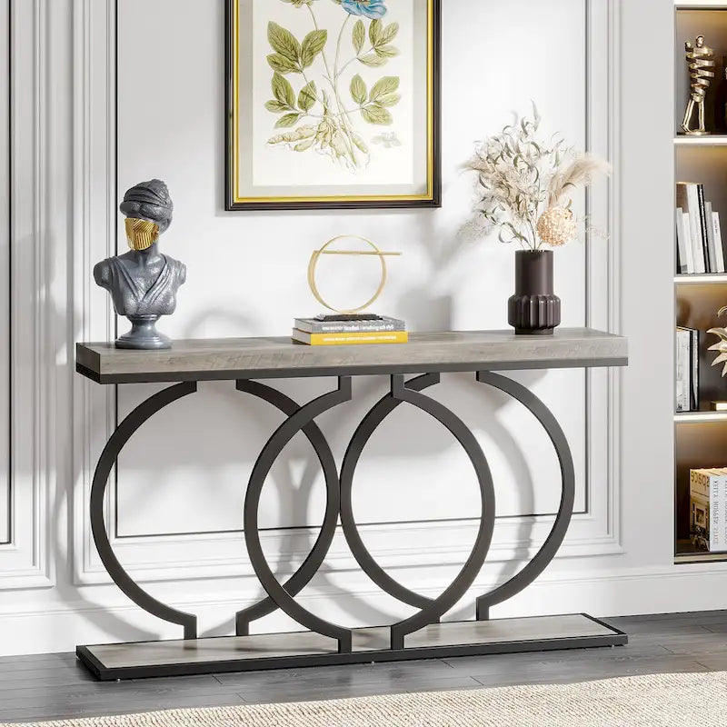Console dorée, table d'entrée en faux marbre de 55 pouces, table de canapé étroite et longue