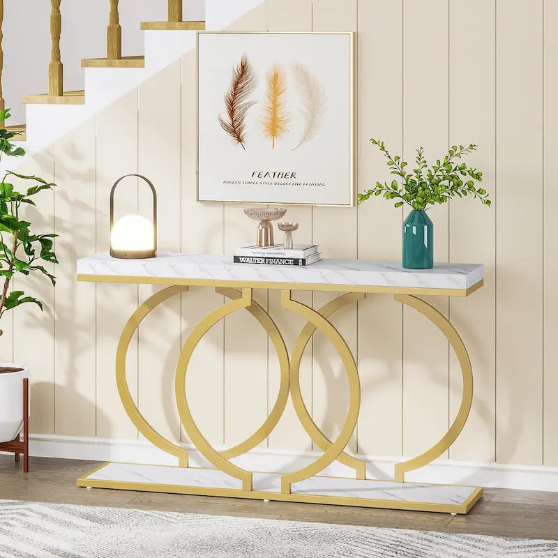 Console dorée, table d'entrée en faux marbre de 55 pouces, table de canapé étroite et longue