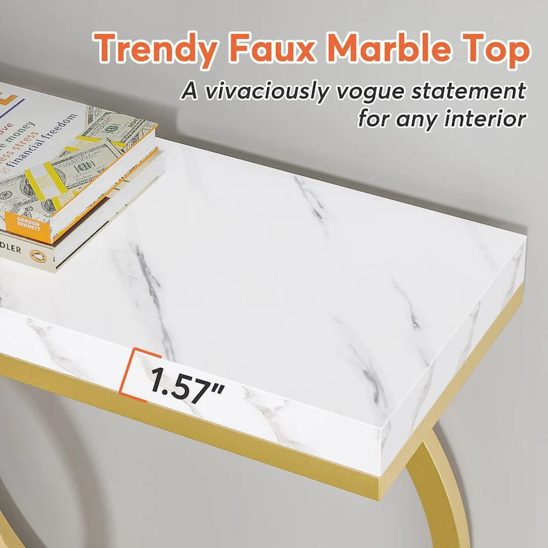 Console dorée, table d'entrée en faux marbre de 55 pouces, table de canapé étroite et longue