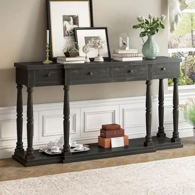 Console de style rétro pour entrée, salon ou chambre à coucher, avec 4 tiroirs de rangement frontaux et 1 étagère.