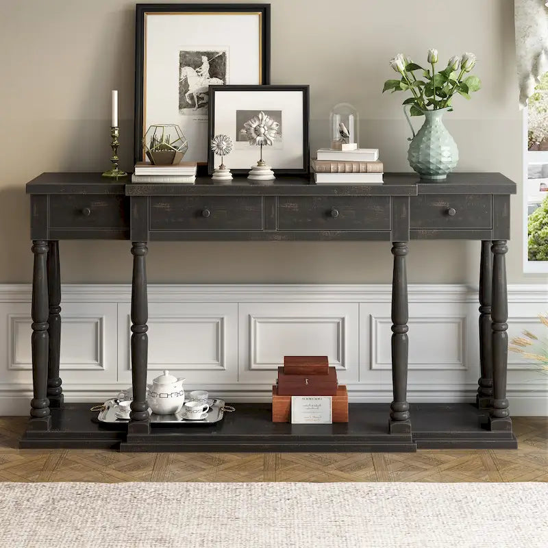 Console de style rétro pour entrée, salon ou chambre à coucher, avec 4 tiroirs de rangement frontaux et 1 étagère.