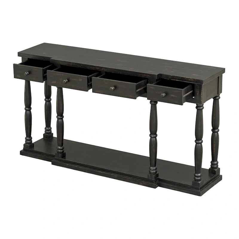 Console de style rétro pour entrée, salon ou chambre à coucher, avec 4 tiroirs de rangement frontaux et 1 étagère.