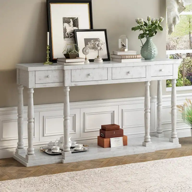 Console de style rétro pour entrée, salon ou chambre à coucher, avec 4 tiroirs de rangement frontaux et 1 étagère.