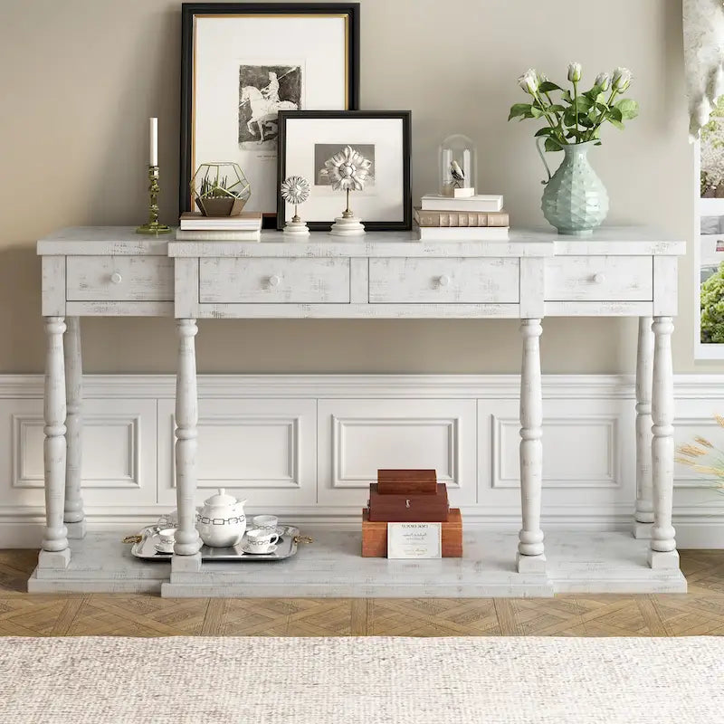 Console de style rétro pour entrée, salon ou chambre à coucher, avec 4 tiroirs de rangement frontaux et 1 étagère.