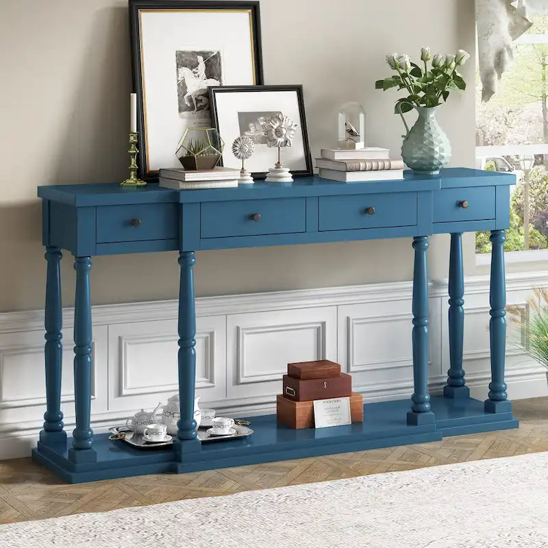 Console de style rétro pour entrée, salon ou chambre à coucher, avec 4 tiroirs de rangement frontaux et 1 étagère.