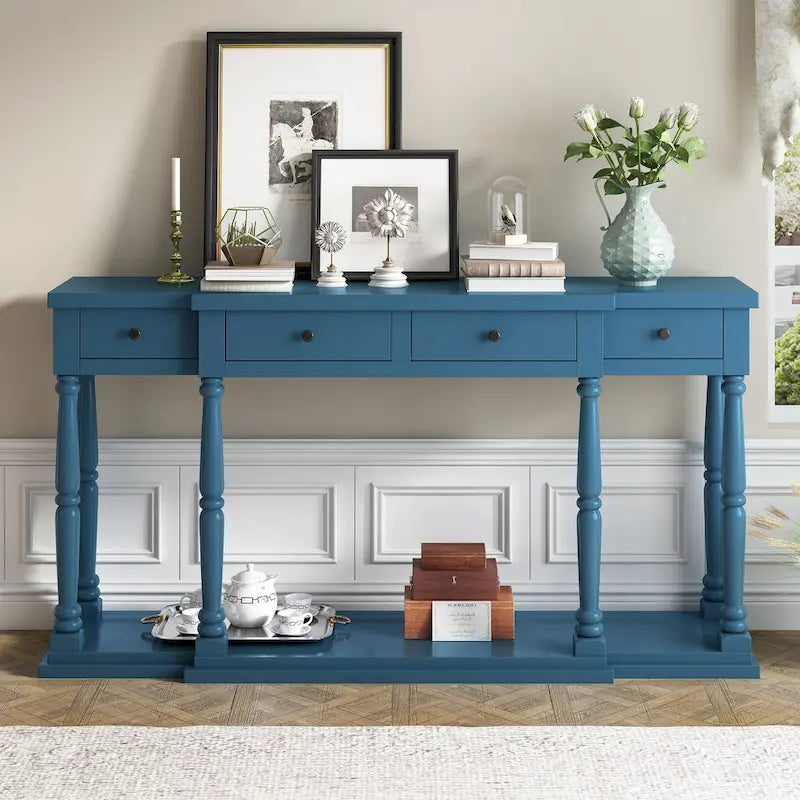 Console de style rétro pour entrée, salon ou chambre à coucher, avec 4 tiroirs de rangement frontaux et 1 étagère.