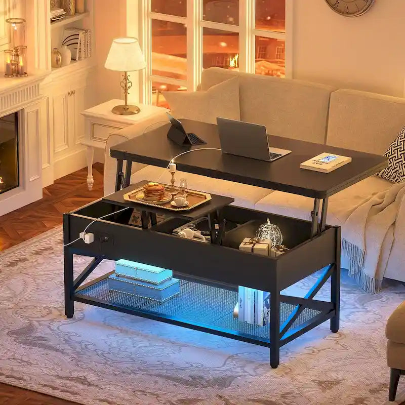 Table basse moderne noire extensible à plateau relevable convertible en table de salle à manger avec lumière LED et prise de courant