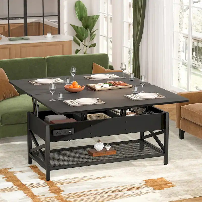 Table basse moderne noire extensible à plateau relevable convertible en table de salle à manger avec lumière LED et prise de courant